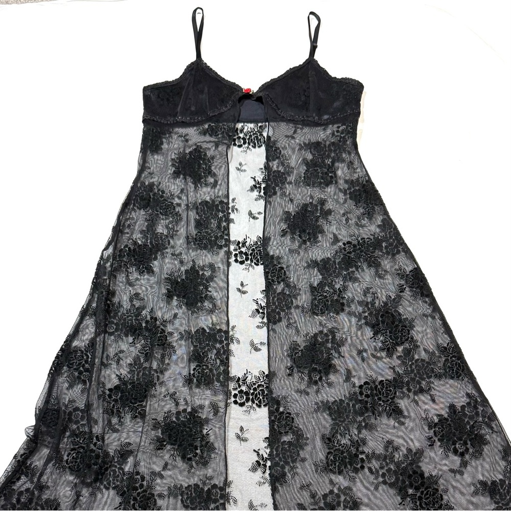 Sheer Black Velvet Floral Lace Slip Maxi Dress Rose Bow Whimsygoth Fairy Grunge - Picture 10 of 15